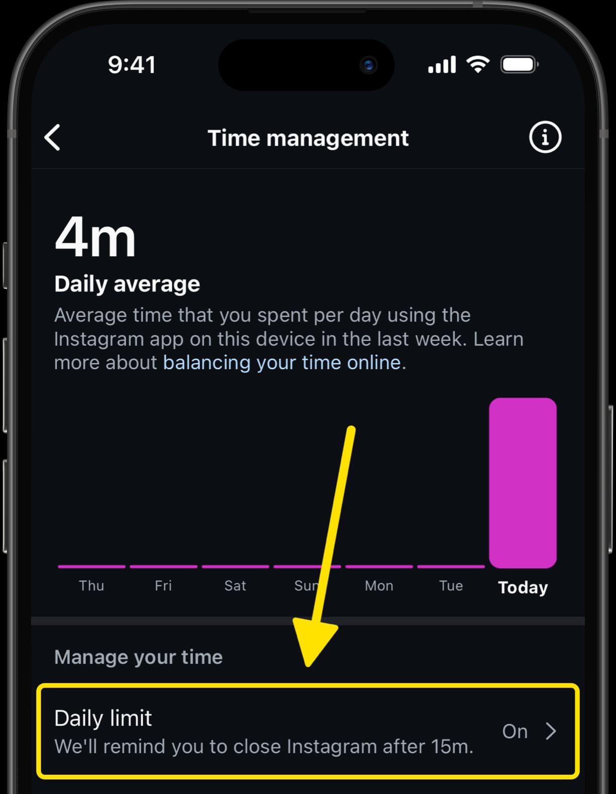 Time management screen showing daily average and arrow pointing to Daily limit setting.