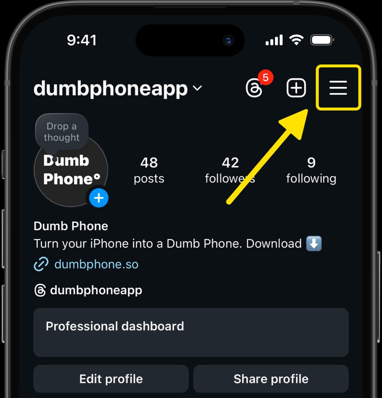 Instagram profile page with arrow highlighting menu icon in the top right corner.