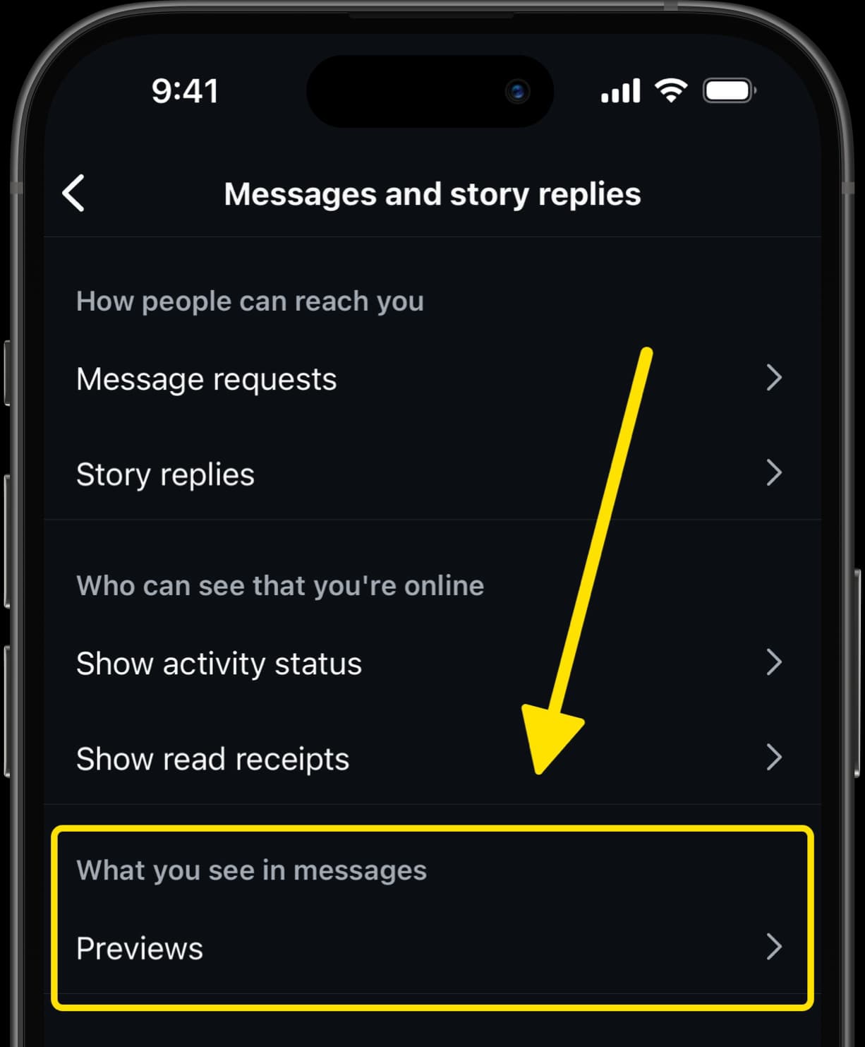 Messages and story replies settings with arrow indicating Previews option under What you see in messages.