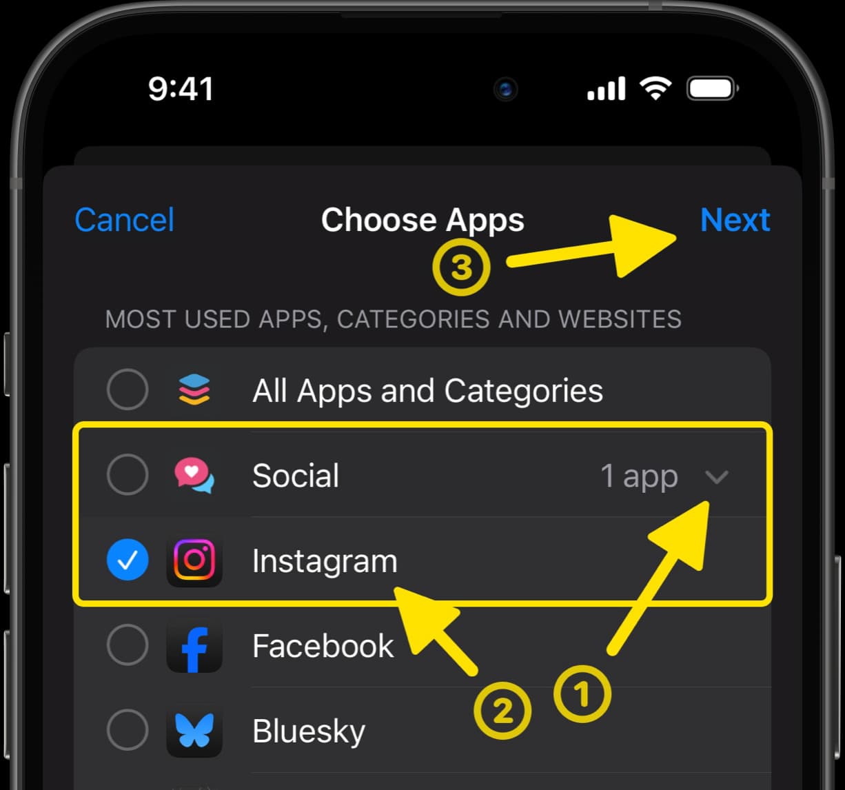 Choose Apps screen, highlighting Instagram under Social category with steps to select and proceed.