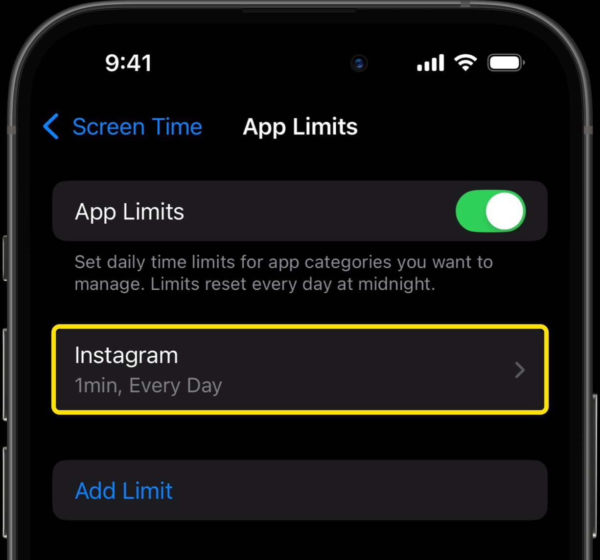 App Limits screen showing Instagram set for 1 minute every day.