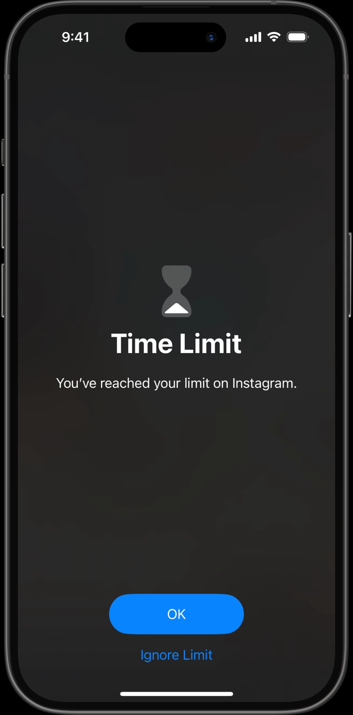 Time Limit notification on iPhone indicating Instagram usage limit reached.