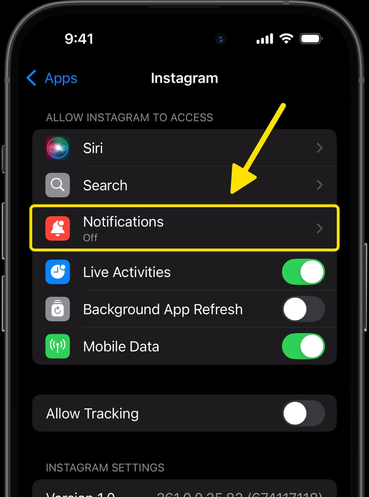 Instagram settings with arrows pointing to Notifications and Background App Refresh options.