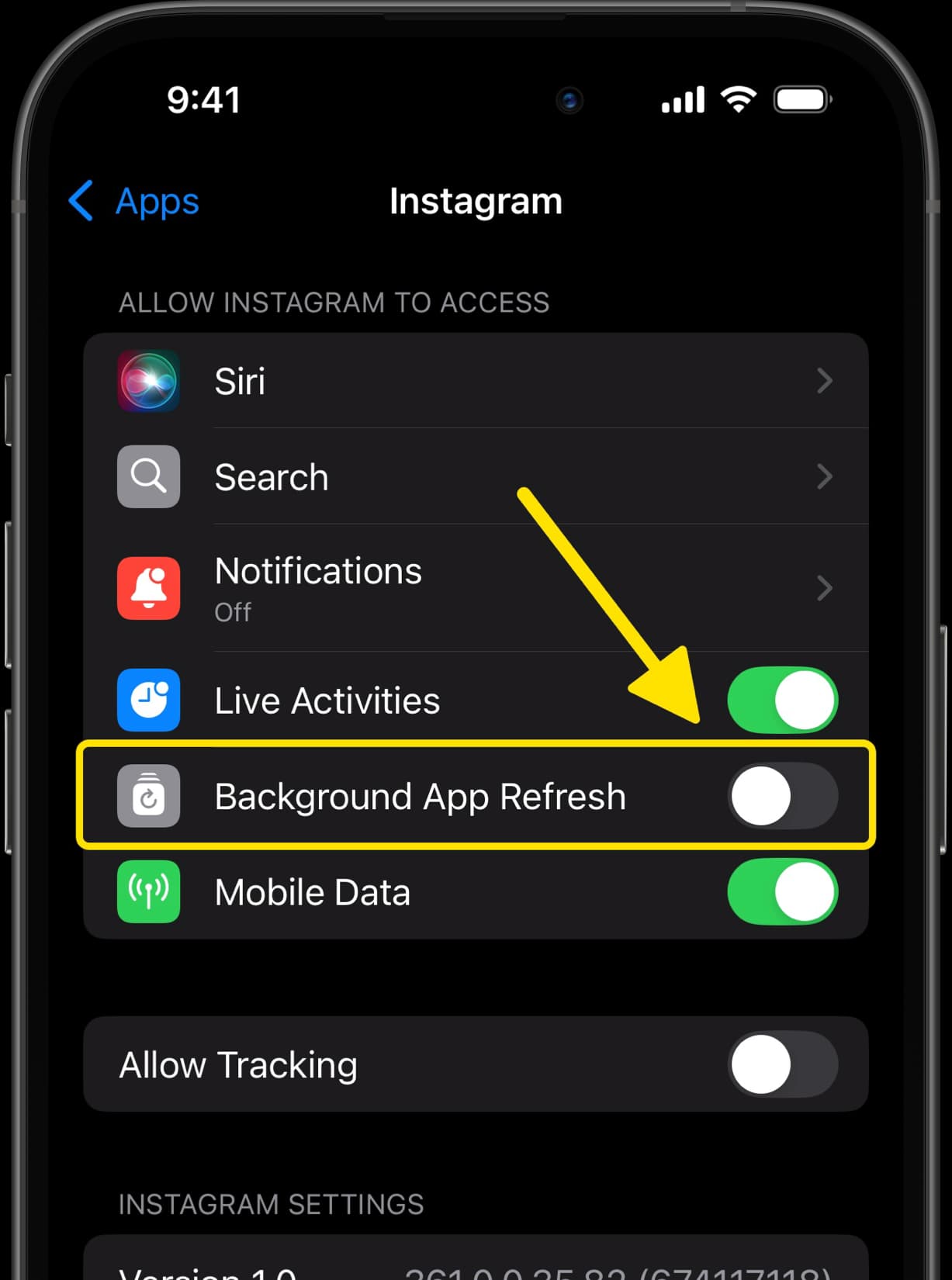 Instagram settings with arrow pointing to Background App Refresh option, showing it turned off.